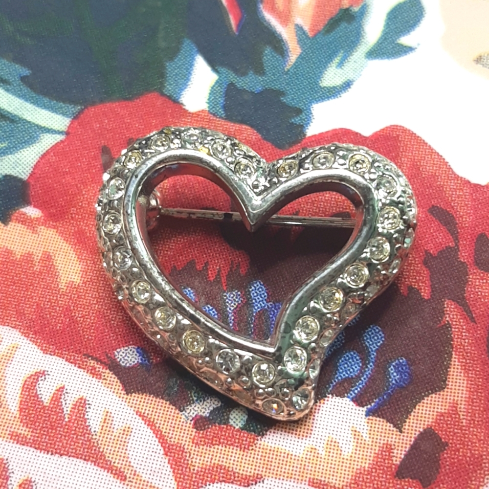Silver Rhinestone Open Heart Pin